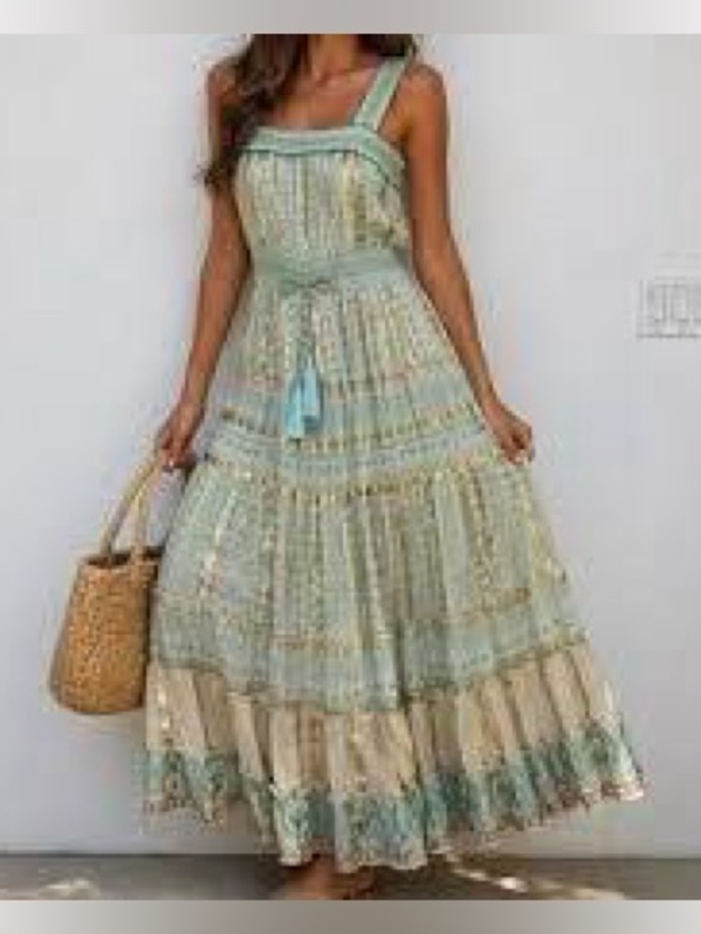 Soft Surroundings Maxi Peasant Dress Blue Gold Tiered Tasseled Aegean Sea